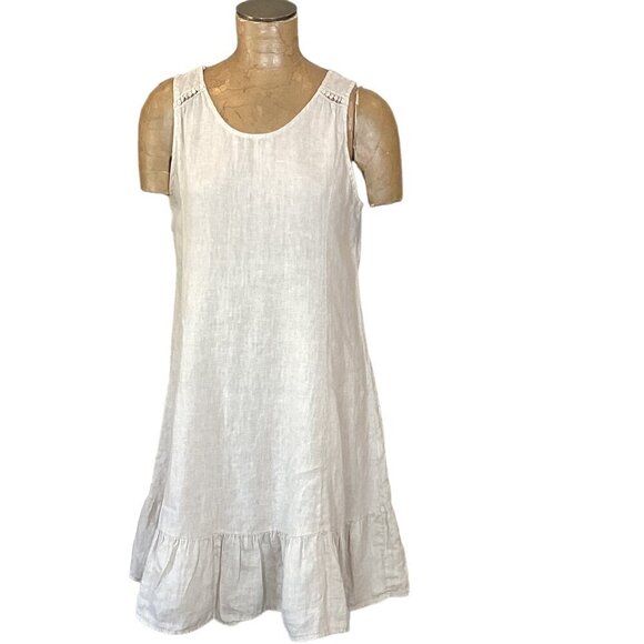 Terzo Mellennio Italian Linen Shift Sun Dress Back Tie Ruffle Hem L Beige #267K - Picture 1 of 9